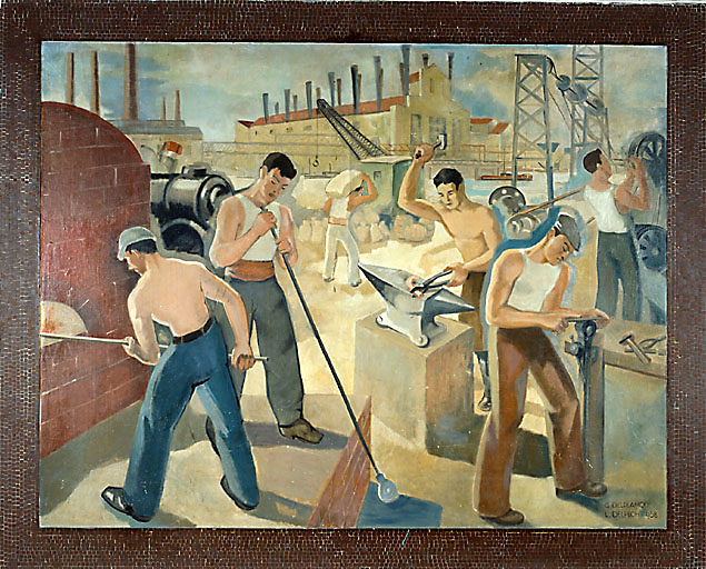 Toile marouflée située dans l'école des garçons : Ouvriers à l'usine.