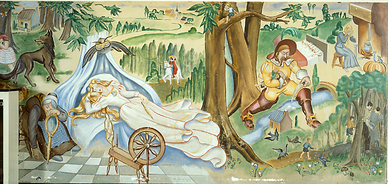 Peinture murale située dans l'école maternelle : Contes de Perrault.