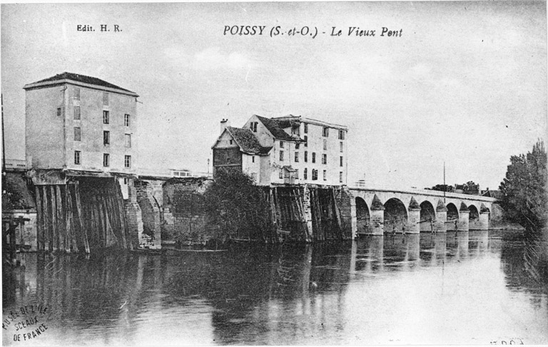 Vue d'ensemble du pont avec ses moulins, hormis celui détruit lors de l'incendie de 1864.