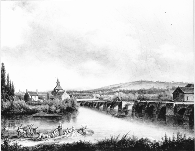 Vue du pont de Poissy où figurent plusieurs moulins dont celui qui possède une tour carré avec flèche que l'on retrouve sur les gravures ultérieures.