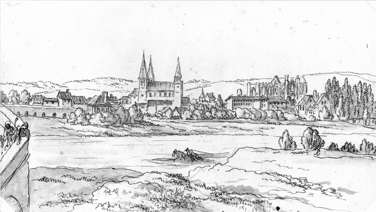 Vue de la ville lors de la démolition de la priorale Saint-Louis.