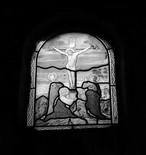 Verrière (vitrail tableau, verrière hagiographique) : calvaire avec sainte Madeleine