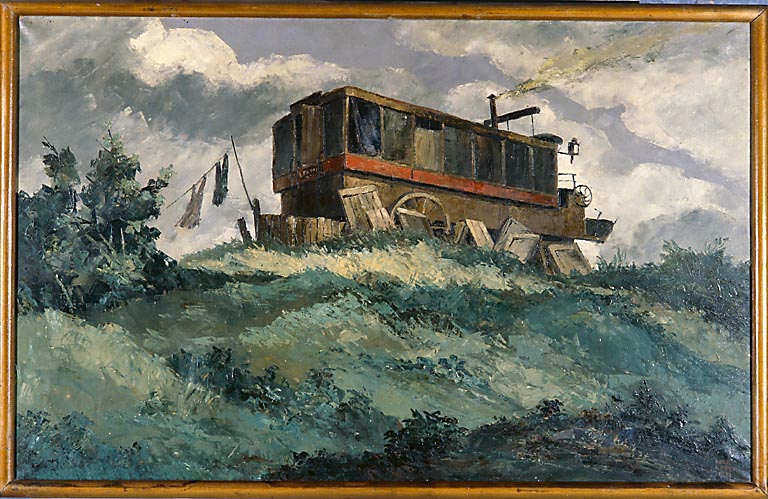 Tableau : roulotte, paysage à Bezons.