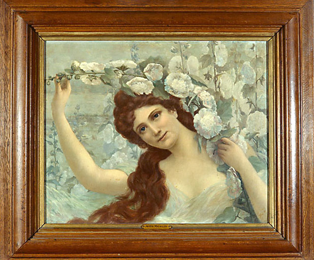 Tableau : femme aux roses trémières.
