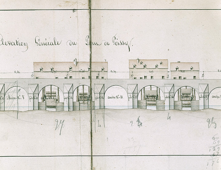 Plan général du pont de Poissy dressé en 1821 par l'ingénieur en chef d'Astier de la Vigerie, chargé de la navigation. Détail de la partie centrale du document avec l'élévation des quatre moulins.