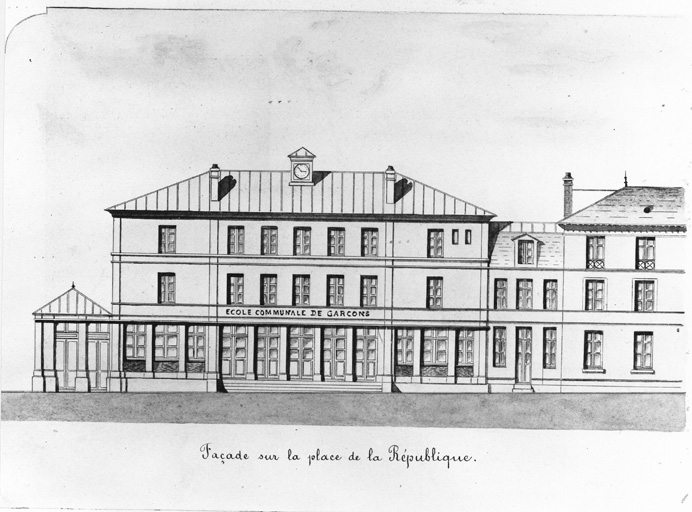 Elévation de l'école, sur rue, côté garçons, vers 1898.
