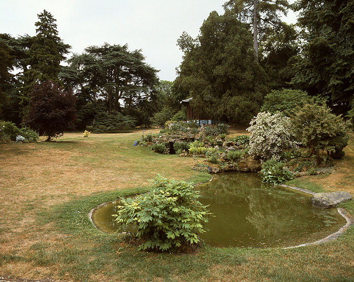 Vue du jardin paysager : plan d'eau, rocaille et kiosque sur la droite et au fond groupe de cèdre du Liban.