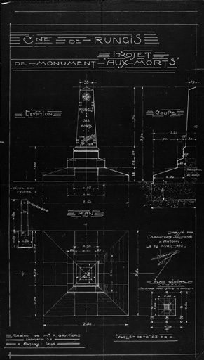 Plans, coupe et élévation d'un monument aux morts de la guerre de 1914-1918 érigé dans le parc.