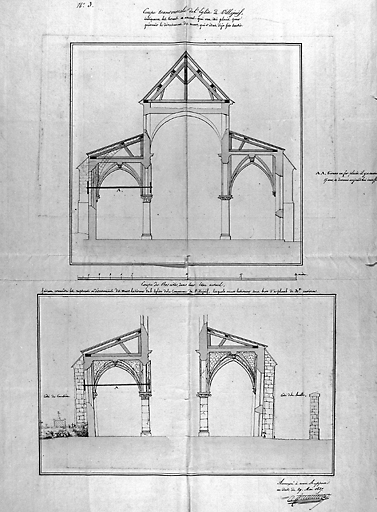 Coupe transversale de la nef et des bas-côtés.