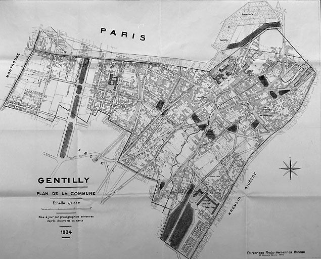 Plan de 1934 montrant les percements de rues et les créations d'espaces verts projetés.