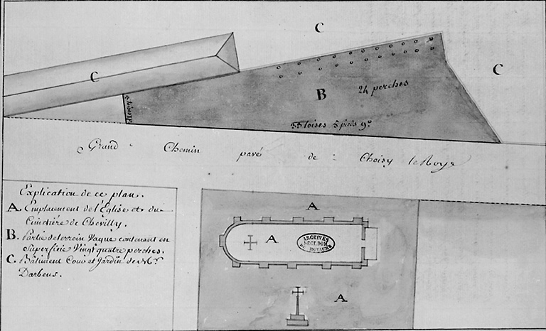 Plan de l'église de Chevilly et d'un terrain symétrique en bordure du grand chemin pavé de Choisy-le-Roy.