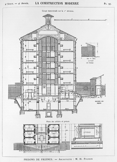 Plan des cellules et des cours de promenades. Coupe sur la première division du grand quartier.