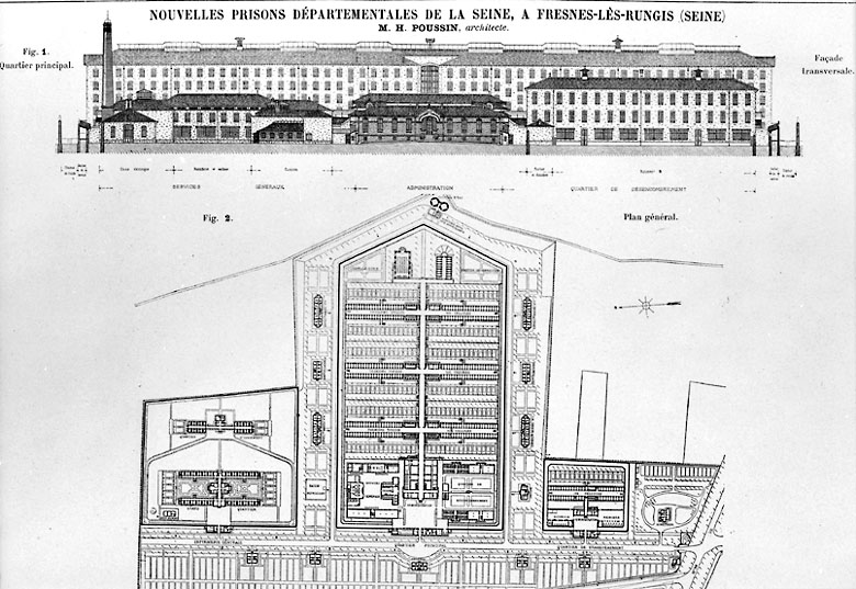 Plan général. Elévation antérieure de la prison : entrée, quartier principal, bâtiments des services.