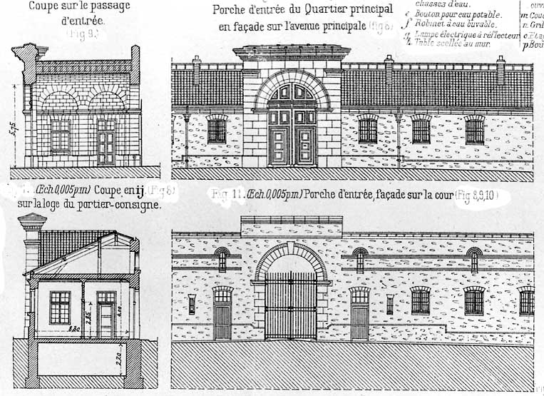 Coupe sur le passage d'entrée, coupe sur la loge du portier-consigne, élévation antérieure et revers du porche d'entrée du quartier principal.