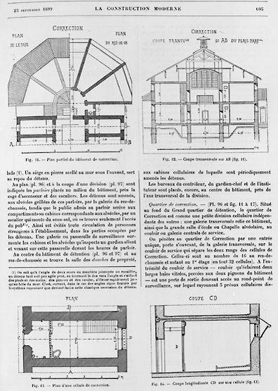 Plan partiel et coupe transversale du bâtiment de correction. Plan et coupe longitudinale d'une cellule de correction.