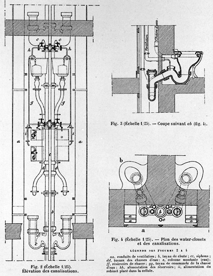 Plan et coupe des water-closets. Elévation des canalisations.