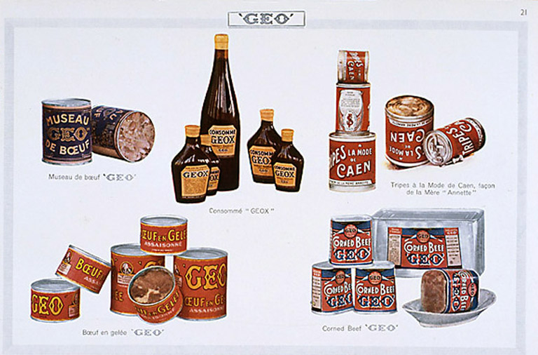 Catalogue publicitaire de la société GEO, vers 1935 : tripes, museau et corned beef.