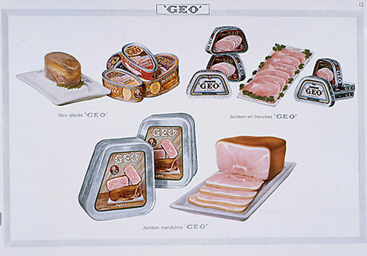 Catalogue publicitaire de la société GEO, vers 1935 : jambon en tranches et nois glacée.