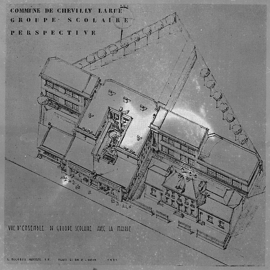 Vue perspective avec la mairie et les anciennes écoles.