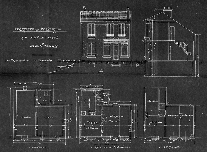 Plans, coupe et élévation par l'architecte Marchand.