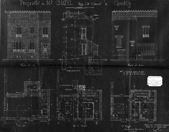 Plans, coupe et élévation, par l'architecte Louis Bacuet.