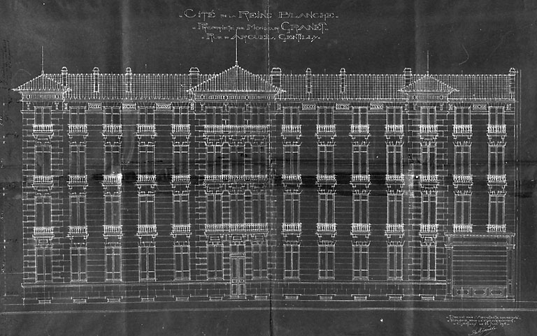 Elévation sur la rue de l'immeuble détruit vers 1980, par l'architecte Mégarès.