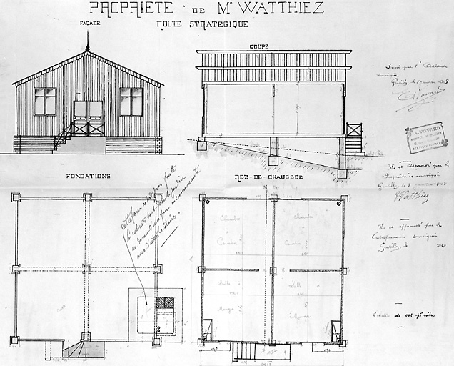 Plan et élévation d'une maison double en pan de bois, route stratégique, par l'architecte A. Vovard, 1909.