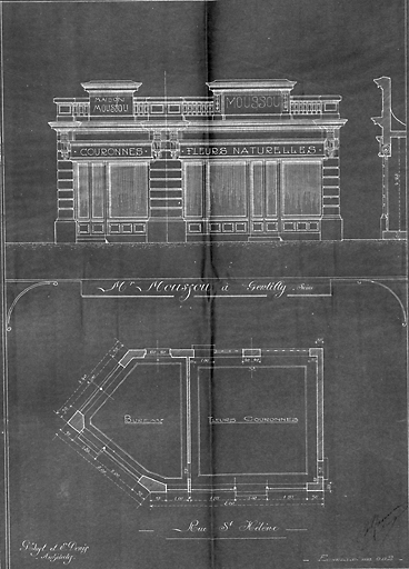Plan et élévation d'une maison de pompes funèbres, face au cimetière de Gentilly, aujourd'hui enclavé dans la ville de Paris.