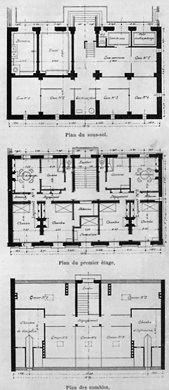 Plans : sous-sol, premier étage et comble.