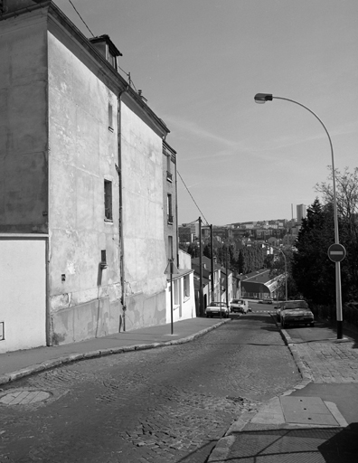 La rue du Souvenir, dévalant jusqu'à la Bièvre ; à l'arrière-plan, l'hôpital de Bicêtre.