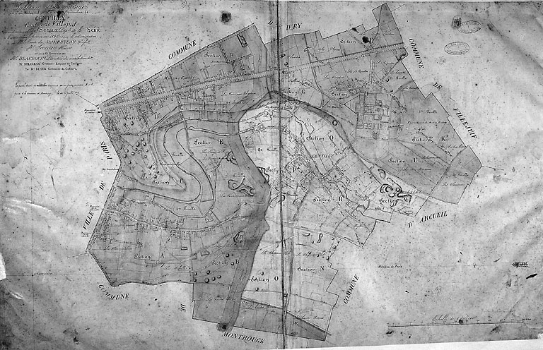 Le territoire de Gentilly en 1846 : en teinte sombre les parties annexées par Paris en 1859 et le Kremlin-Bicêtre en 1896.