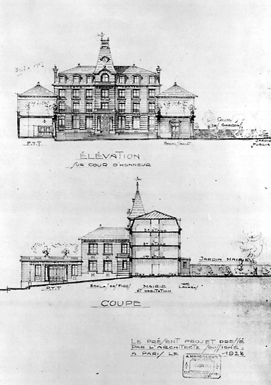 Projet de transformation de la mairie : coupe et élévation. Projet non retenu.