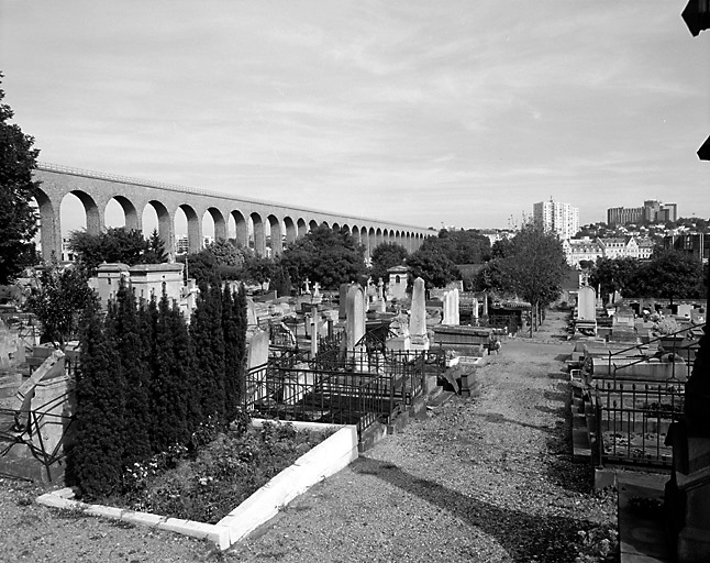 Vue d'ensemble du cimetière. A l'arrière-plan, l'aqueduc de la Vanne.