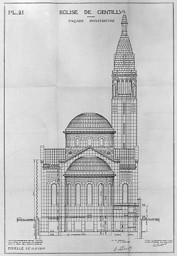 Elévation de la façade postérieure dressée par l'architecte Pierre Paquet.