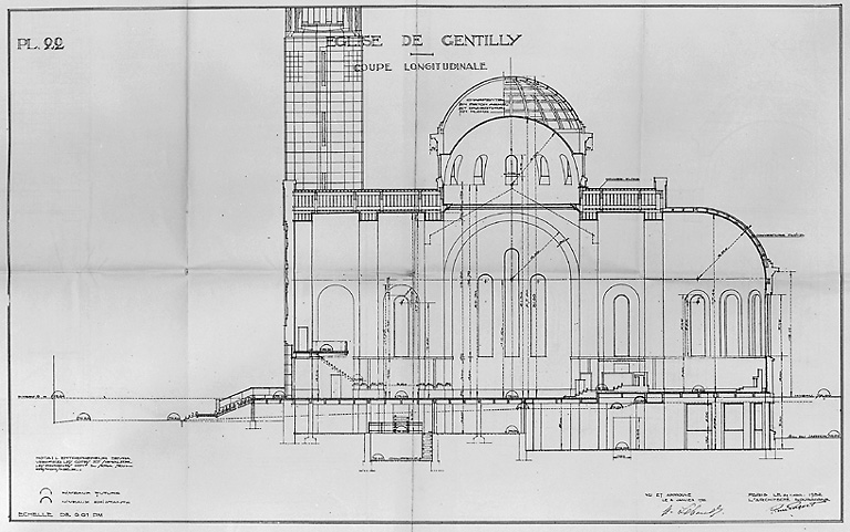 Coupe longitudinale dressée par l'architecte Pierre Paquet.