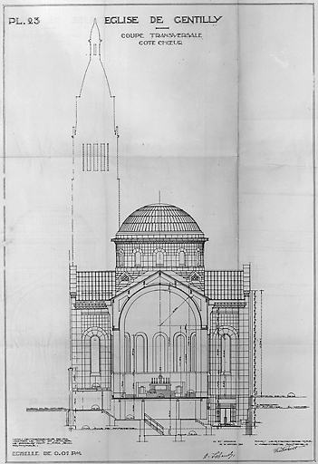 Coupe transversale en direction du choeur dressée par l'architecte Pierre Paquet.