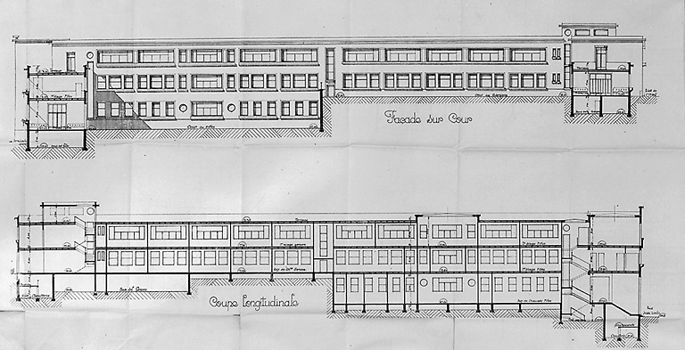 Elévation sur les cours et coupe longitudinale, par l'architecte Nanquette.