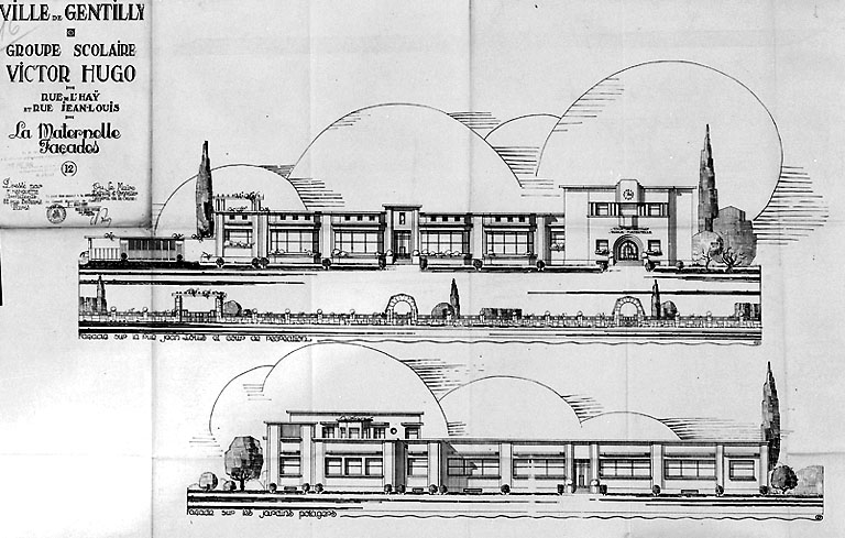 Elévations sur la rue Jean Louis et sur les jardins de l'école maternelle, par l'architecte Nanquette.