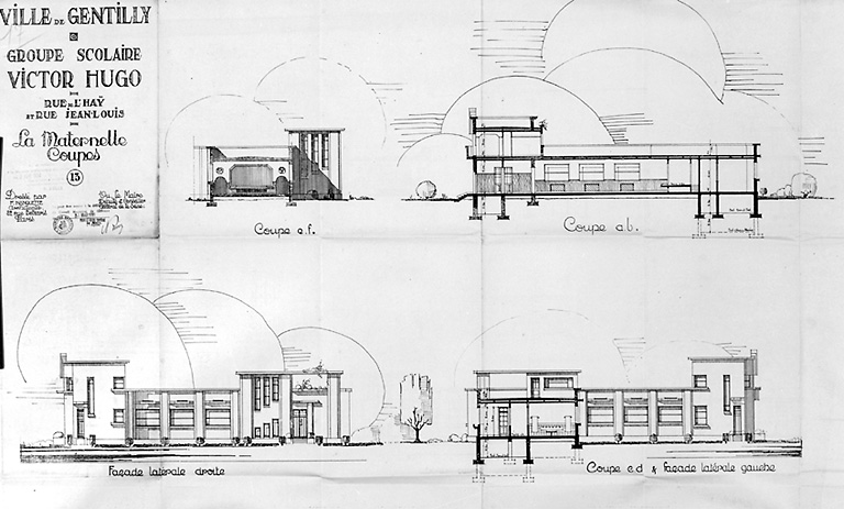 Elévations latérales et vues en coupe de l'école maternelle, par l'architecte Nanquette.