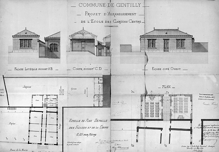 Plans, coupes et élévations pour l'agrandissement de l'école de garçons, par l'architecte communal, 1889.