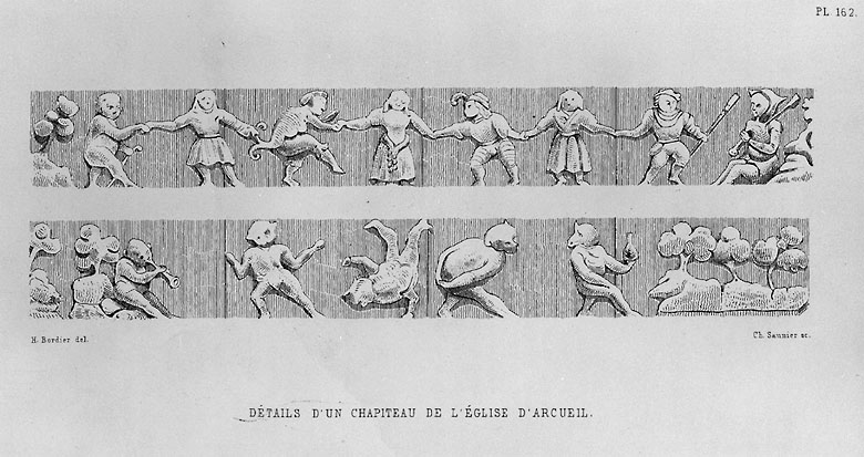 Détail du chapiteau intitulé 'La danse des fous et la danse des singes'.