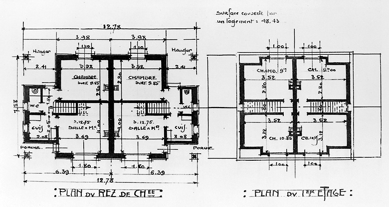 Plans du rez-de-chaussée et du premier étage d'une maison à deux logements.