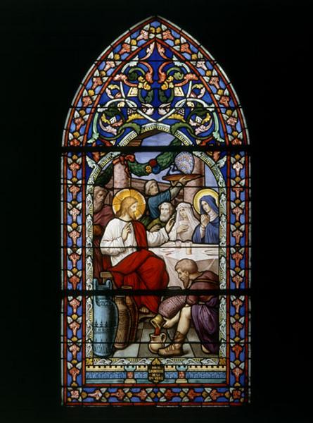 Ensemble de 4 verrières historiées liées à la vie du Christ : Jésus bénissant les enfants, Institution de la messe, Jésus chez Marthe et Marie et Noces de Cana (baies 1, 3, 5 et 7)