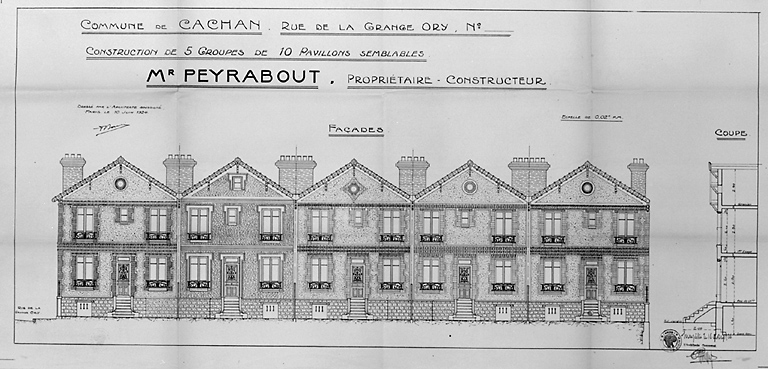 Elévation et coupe d'une série de cinq maisons.