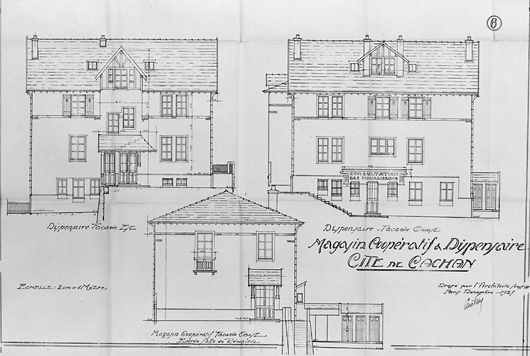 Vue des élévations latérales du dispensaire.