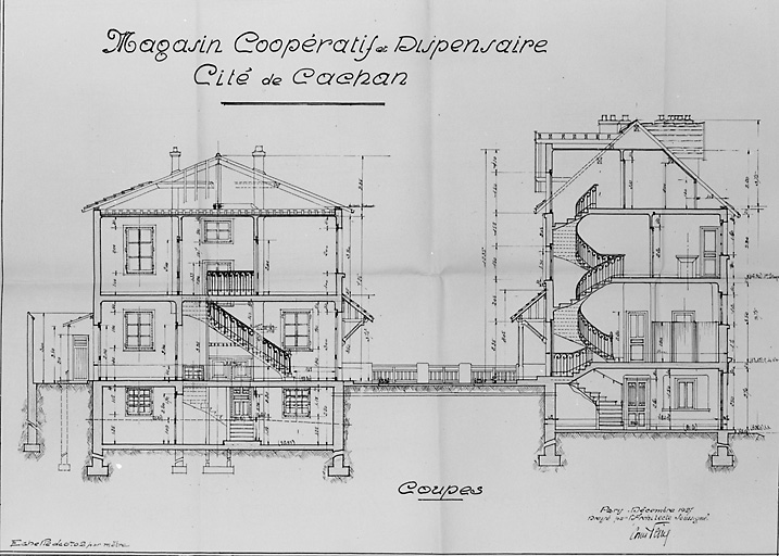 Vue en coupe du dispensaire et du magasin coopératif.