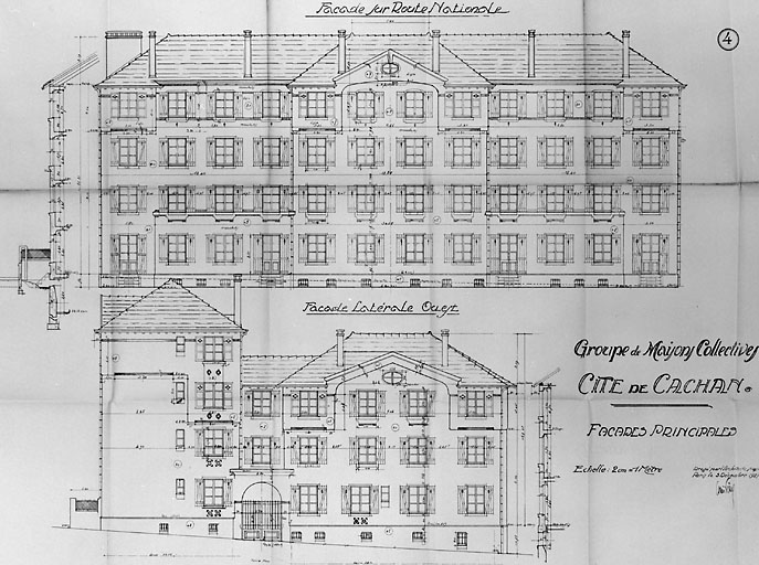 Elévations principale et latérale d'un des immeubles.