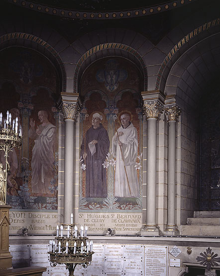 Vue de l'une des six toiles marouflées décorant le mur du choeur : Hugues de Cluny et Bernard de Clairvaux.