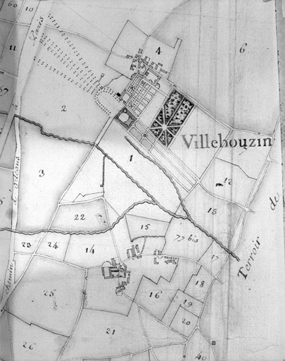 Premier plan des chantiers de la terre et seigneurie de Villebouzin : planche n°4, Villebouzin et le village.