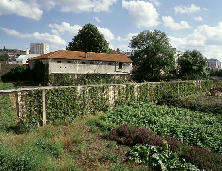 Vue des murs et des clos cultivés à l'arrière de la maison.